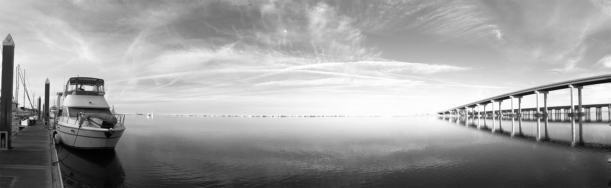 Infrared Panorama of Boat at Dock, Navigational Channel, and Bridge.